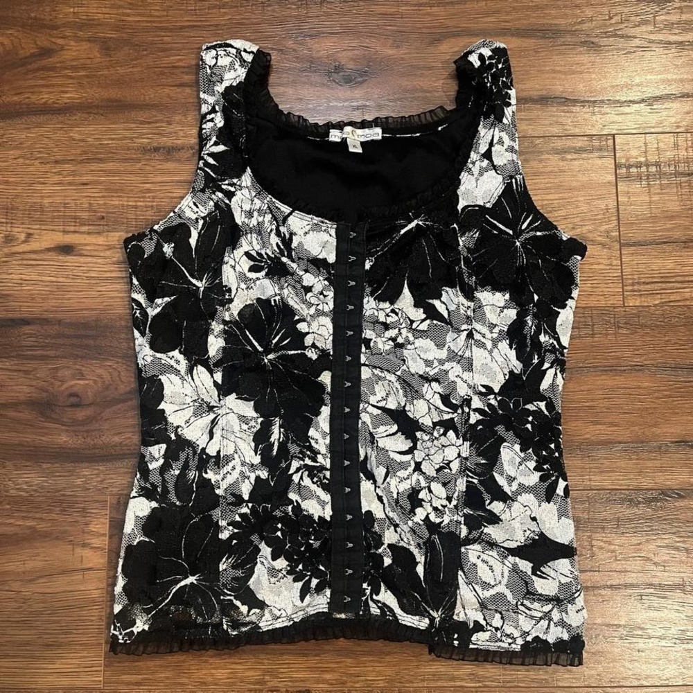 Black White floral Corset Top‎ Ruffle Lace Women Small Whimsygoth Fairycore Boho